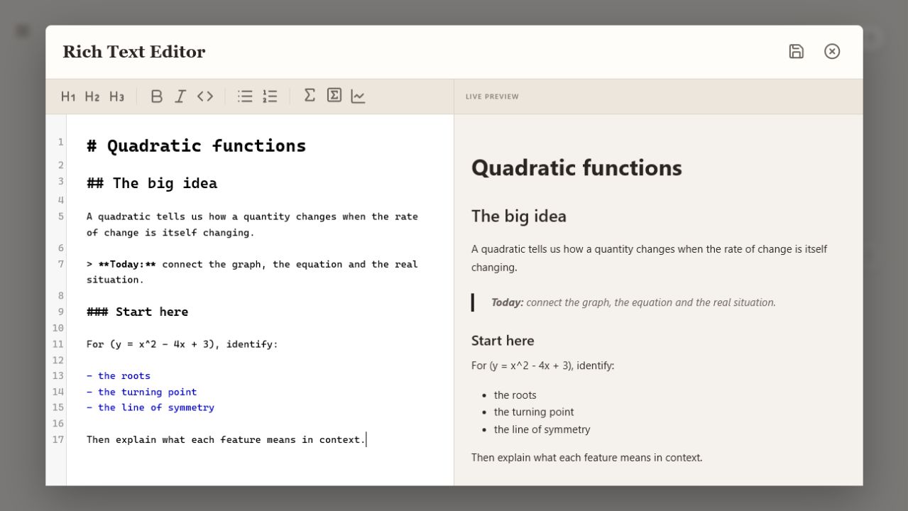 Lesson Studio rich text editor with live preview
