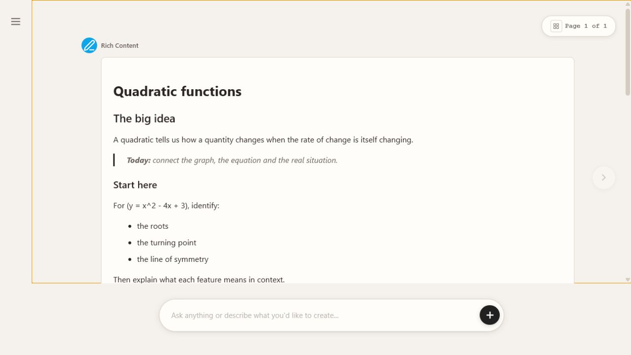 A finished quadratic functions lesson in Lesson Studio